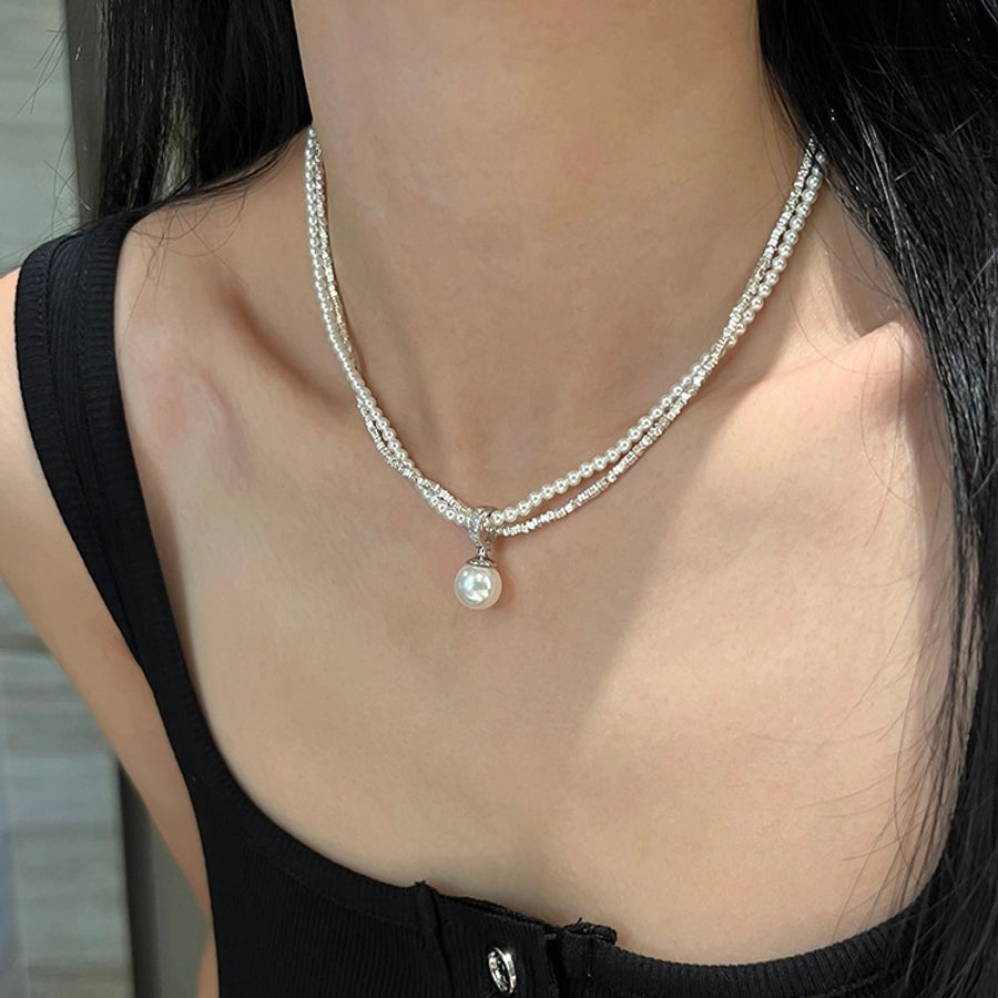 Sterling Silver Layered Pearl Necklace with Pendant