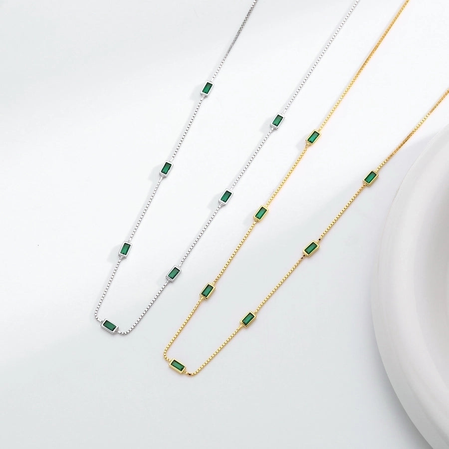 Sterling Silver Geometric Green Stone Necklace