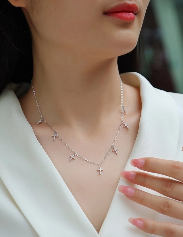 Sterling Silver Mini Moissanite Cross Pendant Necklace