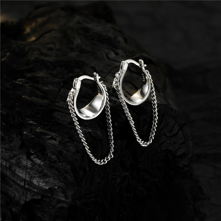 Sterling Silver Broad Hoop & Chain Earrings