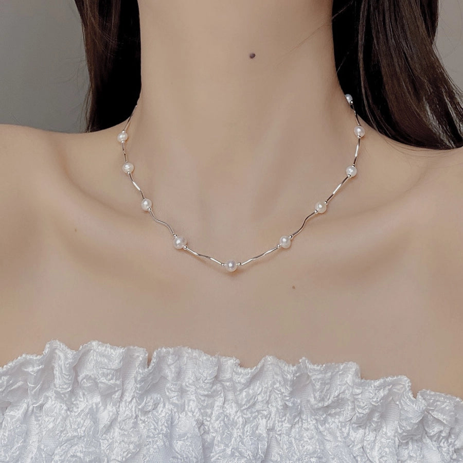 Sterling Silver Wave Link Freshwater Pearl Necklace
