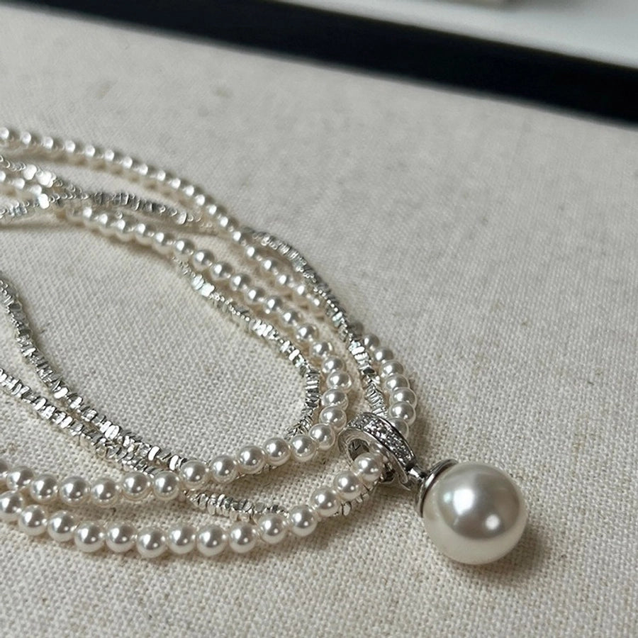 Sterling Silver Layered Pearl Necklace with Pendant