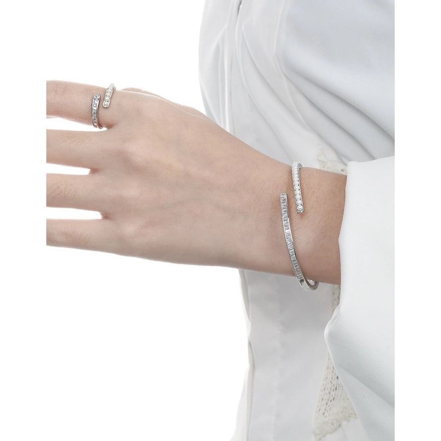 Sterling Silver Geometric Pearl & Cubic Zirconia Ring & Bracelet Set