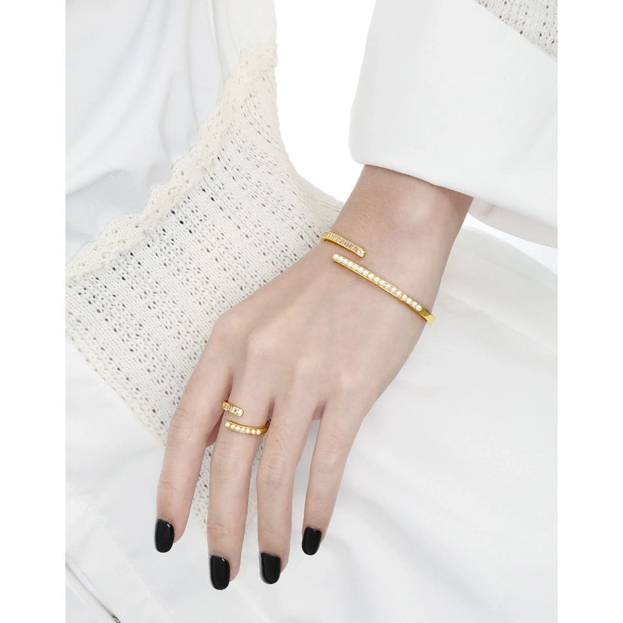 Sterling Silver Geometric Pearl & Cubic Zirconia Ring & Bracelet Set