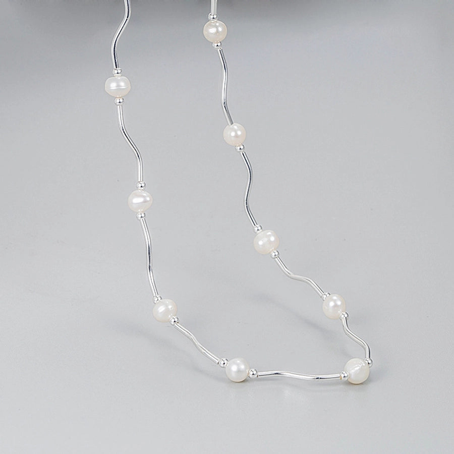 Sterling Silver Wave Link Freshwater Pearl Necklace