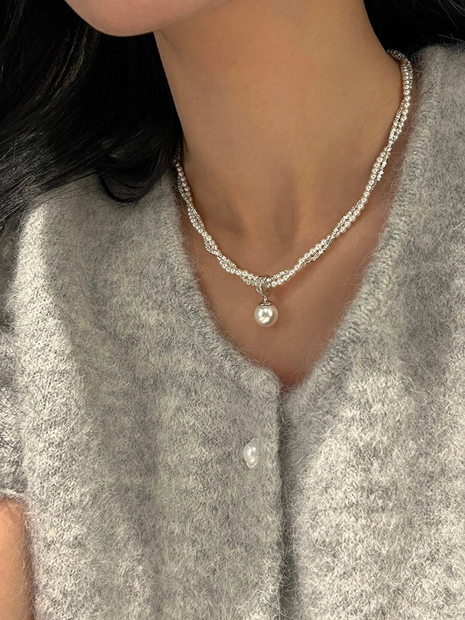 Sterling Silver Layered Pearl Necklace with Pendant