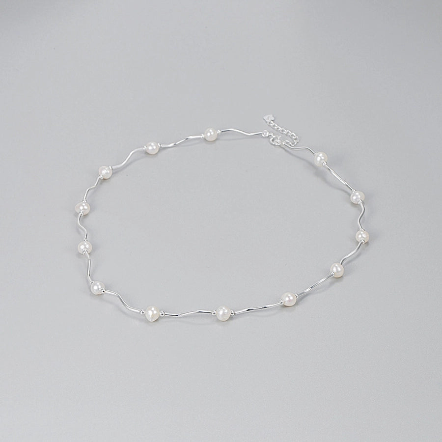 Sterling Silver Wave Link Freshwater Pearl Necklace