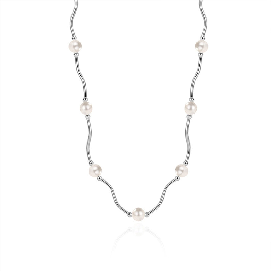 Sterling Silver Wave Link Freshwater Pearl Necklace