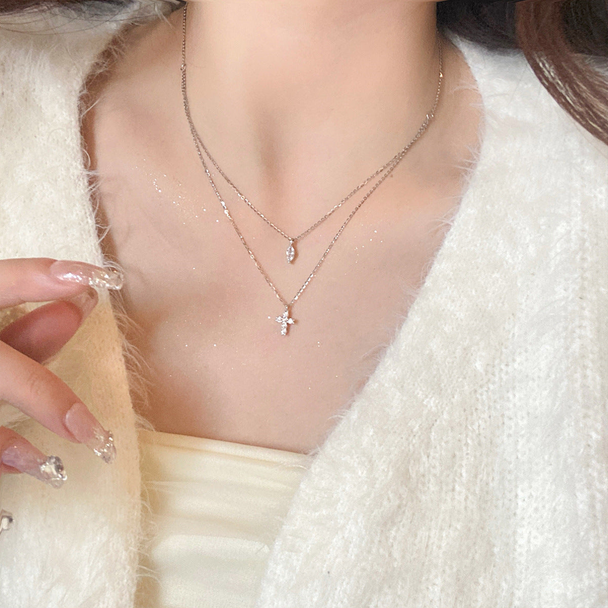 Sterling Silver Cross Double Layer Necklace