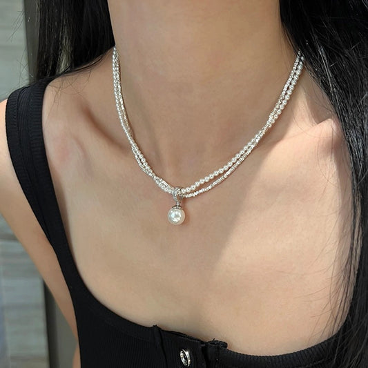 Sterling Silver Layered Pearl Necklace with Pendant
