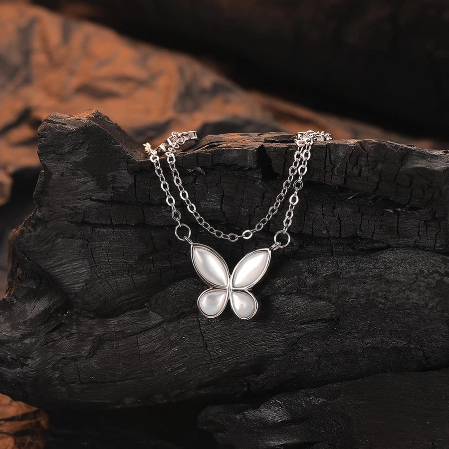 Sterling Silver Double Layer Chain with Butterfly Pendants