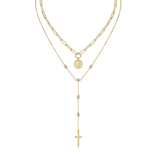 Sterling Silver Double Layer Moissanite Cross & Pendant Necklace