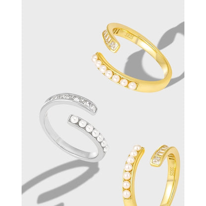 Sterling Silver Geometric Pearl & Cubic Zirconia Ring & Bracelet Set