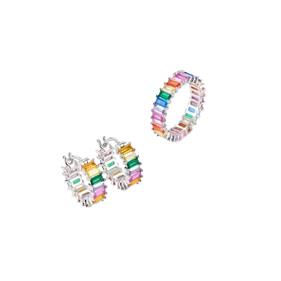 Sterling Silver Baguette Rainbow Earrings & Ring