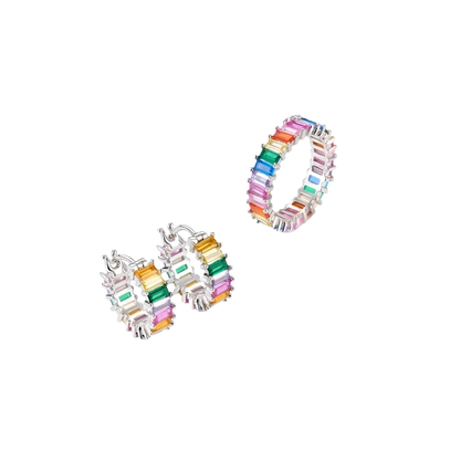 Sterling Silver Baguette Rainbow Earrings & Ring