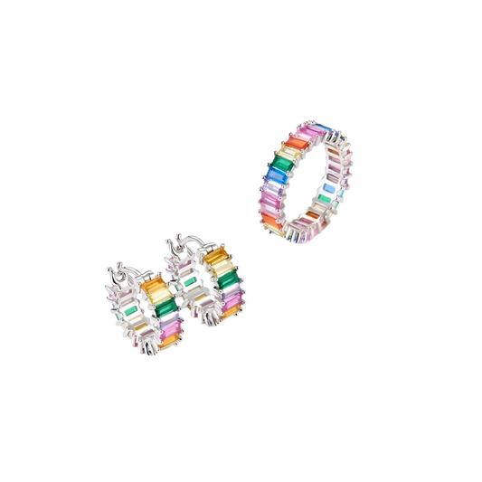 Sterling Silver Baguette Rainbow Earrings & Ring