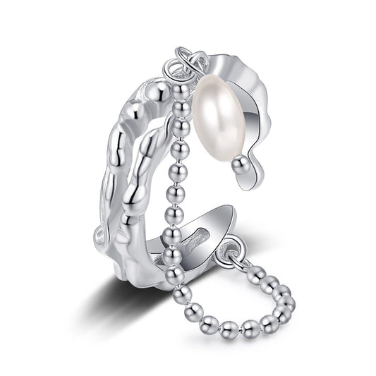 Sterling Silver Ring with Chain & Pearl Dangle
