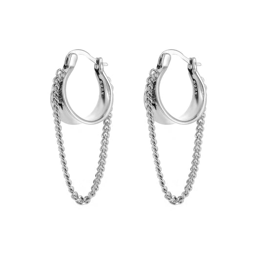 Sterling Silver Broad Hoop & Chain Earrings