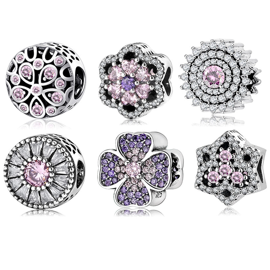 Sterling Silver Pink Flower Charm Collection