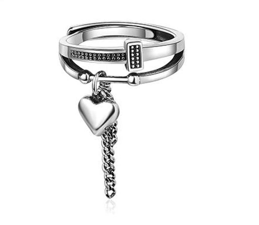 Sterling Silver Distressed Heart Tassel Chain Ring