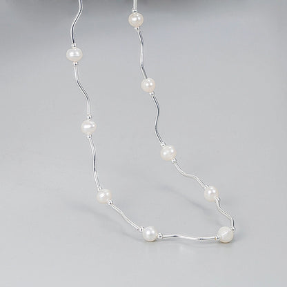 Sterling Silver Wave Link Freshwater Pearl Necklace