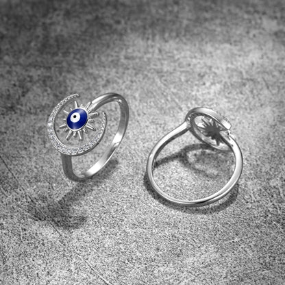 Sterling Silver Enamel Moon & Evil Eye Ring