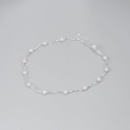 Sterling Silver Wave Link Freshwater Pearl Necklace