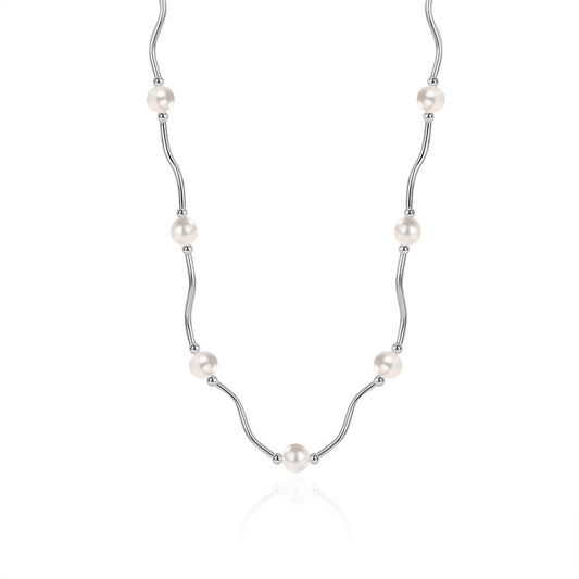 Sterling Silver Wave Link Freshwater Pearl Necklace