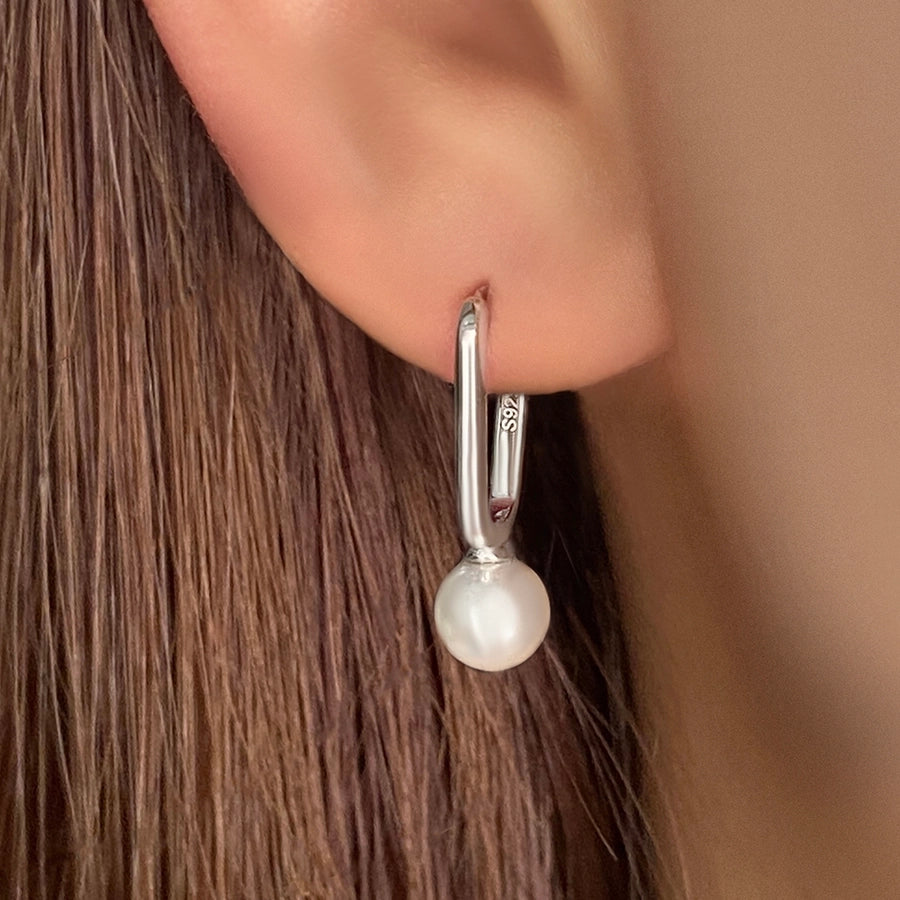 Sterling Silver Rectangle Hoop with Pearl Drop Earrings