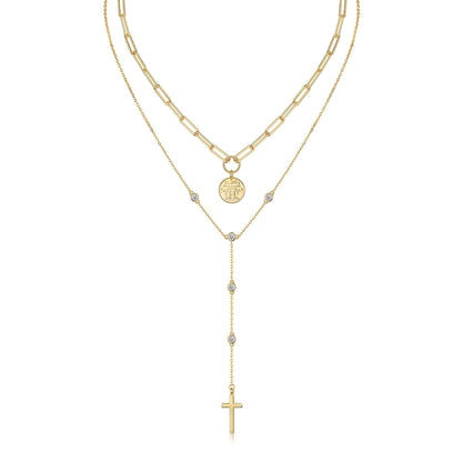 Sterling Silver Double Layer Moissanite Cross & Pendant Necklace